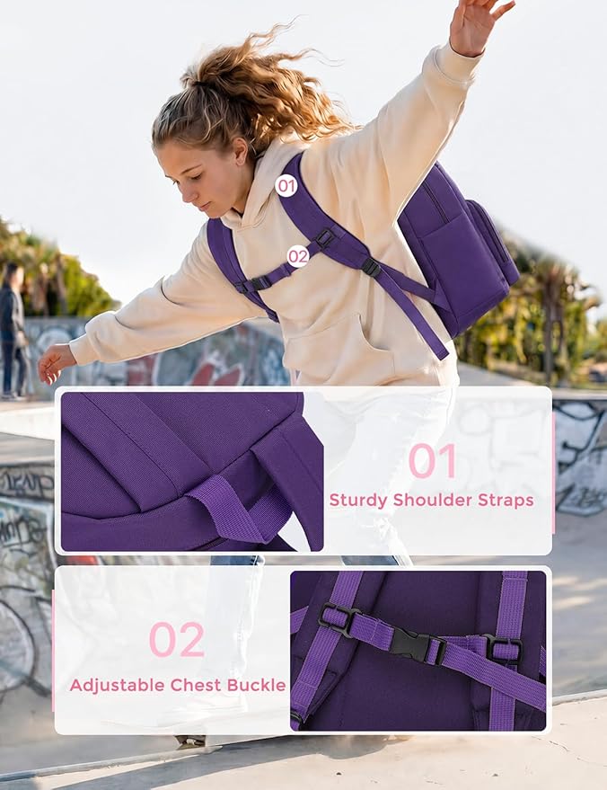 VASCHY School Backpacks, Lightweight Bookbag Schoolbag for Girls Casual Basic Simple Daypack for Women Purple