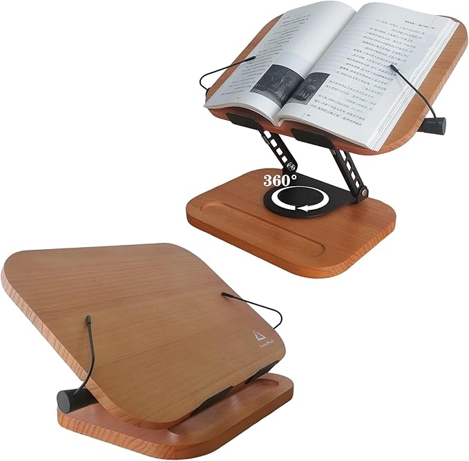 360° Rotating Solid Wood Book Stand - Adjustable Height & Angle, Built-in Storage Tray, Foldable Hands-Free Cookbook/Tablet/Laptop Holder for Kitchen/Office/Bedroom (No Assembly)