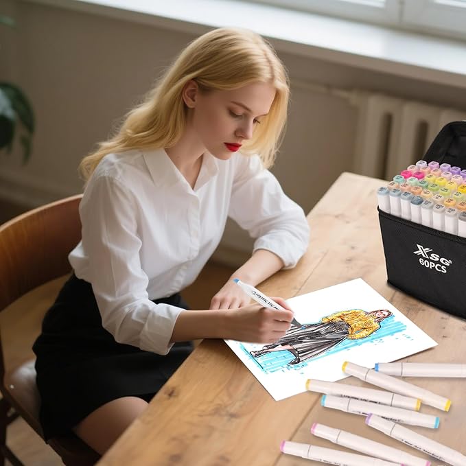 Alcohol Markers,60 Colors Dual Tip Brush & Fine Tip Art Marker Set,for Blending & Shading,Ideal for Coloring Books, Manga & Professional Artwork,Includes Blender Pen & Portable Case,Ideal for All Ages