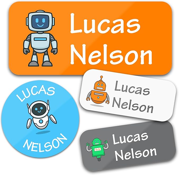 Bunny Badges Personalized Daycare Name Labels for Kids (130 Labels) - Custom Waterproof Name Stickers for Clothing Tags, Water Bottles, Lunch Boxes and School Supplies (Robots)