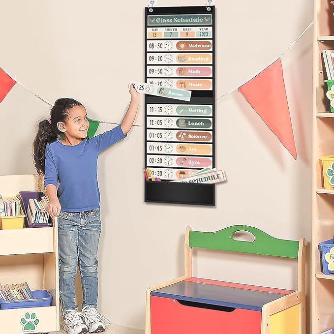 Boho Theme Daily Schedule Pocket Chart Set Decorate Your Classroom or Home for pre-Kindergarten to Grade 6, Black