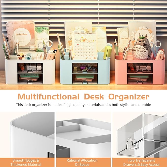 Cayxenful Pencil Pen Holder for Desk,2 Drawer Desk Organizers,5 Compartments Desktop Storage Stationery Supplies Organizer, Cute Pencil Cup Pot For Office, School, Home(White)