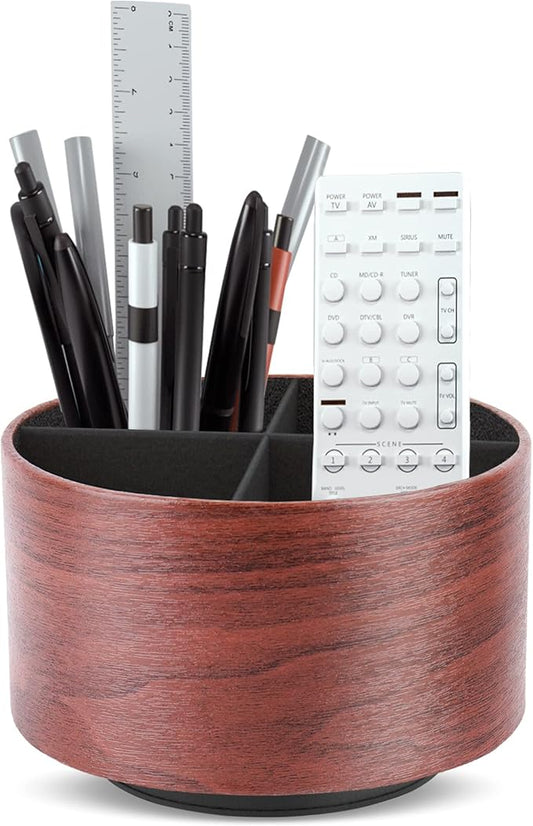Round Leather Art Supply Organizer,Remote Control Holder,360 Degree Spinning,Multi-Functional Pencil Holder,4 Compartments Desktop Stationary Organizer(1-Light Brown2)