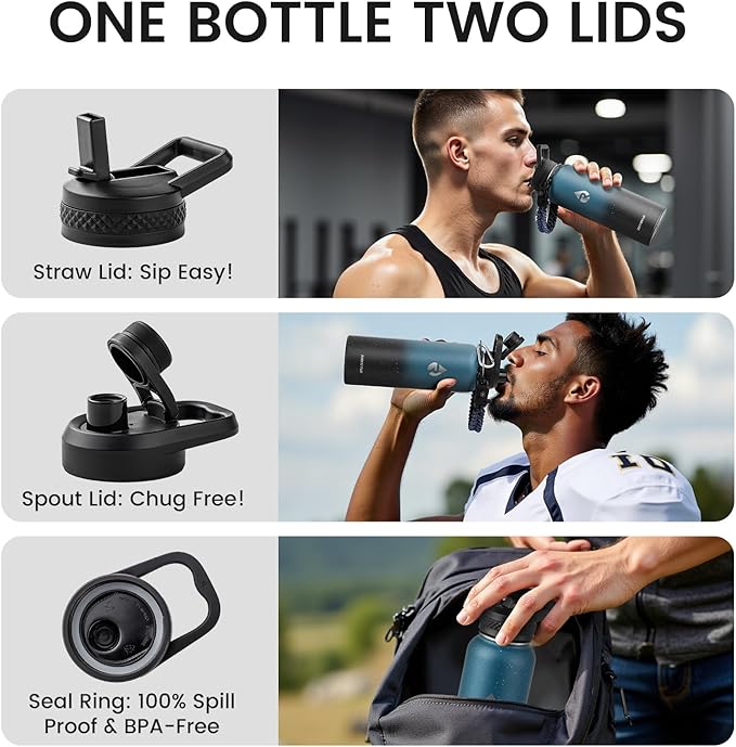 RAYMYLO Insulated Water Bottle 40 oz, Triple Wall Vacuum Stainless Steel (Cold for 36Hrs, Hot for 18Hrs), Leak Proof & Non-BPA, Modern Water Flask Jug with Paracord Handle & Straw Spout Lids