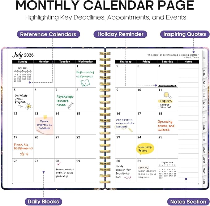 Planner 2026-2027, Academic Year Weekly and Monthly Calender Planner, from Jul 2026 - Jun 2027, Spiral Bound School Planning Book, Perfect for Teacher, Student, Women & Men, A5 (6.3" x 8.5"), Cosmic Amethyst