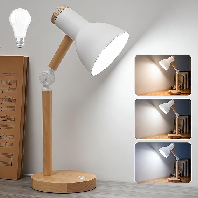LED Desk Lamps for Home Office, Table Lamp with Adjustable Swing Arm 3 Color Modes Reading Light, Living Room Bedroom Room Lighting Bedside Table Lamps Home Decoration, with E27 Bulb (White lamp)