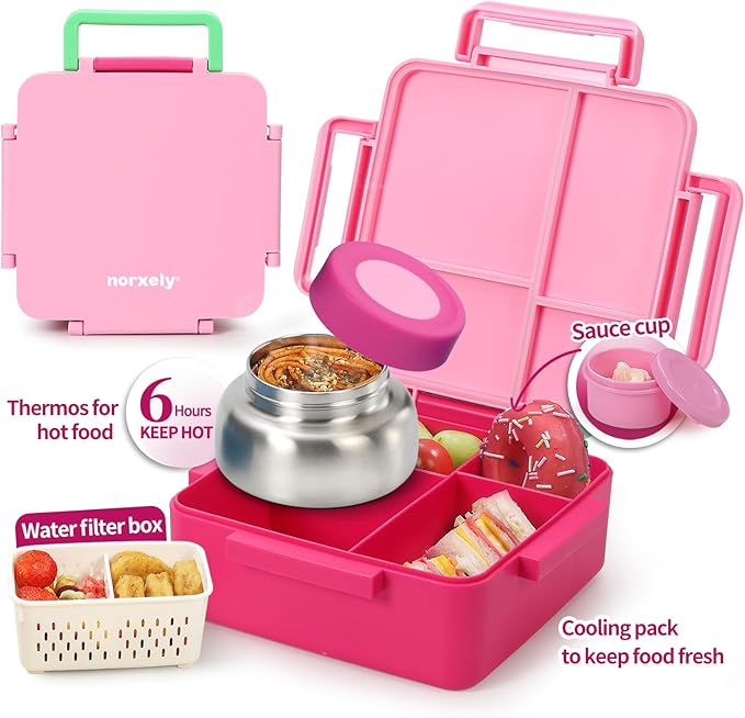 Bento Box for Kids with Thermos, [Large Capacity] Insulated Lunch Box Kids with 4 Compartment for Ages 3+, Drop-Proof & Dishwasher Safe Lunchbox Container Pink