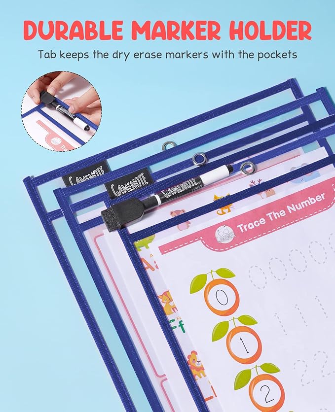 Gamenote Dry Erase Pockets 30 Pack with Rings - Oversized Reusable Plastic Sleeves Shop Ticket Holders Sheet Protectors Teacher Supplies for Classroom Organization (Blue)