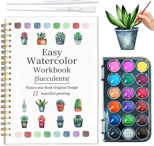 Easy Watercolor Workbook for Beginners - 12 Beautiful Step-by-Step Paintings Water Coloring Book, Includes 18 Colors Paints, Relaxing Art Projects and Creative Gift for Adults & Teen (Succulents)