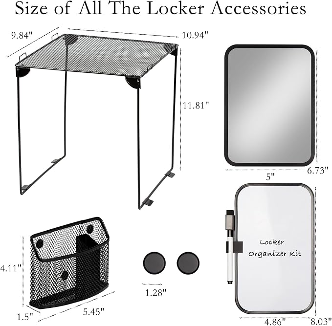 Svartur Black Locker Organizer Kit with Shelf, Shelf, Mirror, Pen Holder, Whiteboard, Back to School Essentials, 7-Piece Decoration Kit