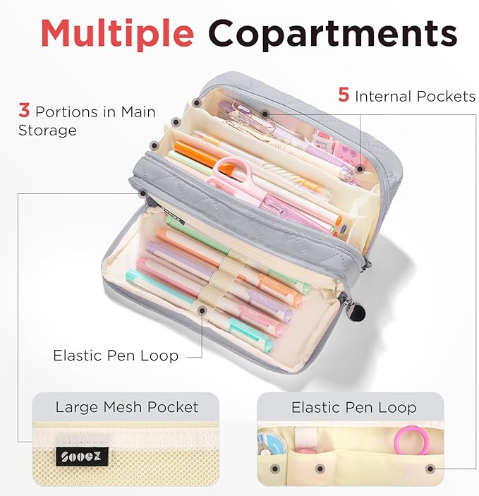 Sooez Large Pencil Case Pouch, Extra Big Pencil Bag with 8 Compartments, Pen Bag Wide Opening, Soft Quilted Pencil Pouch Organizer with Zipper, Portable Pencil Case for Teen Girls, Gray
