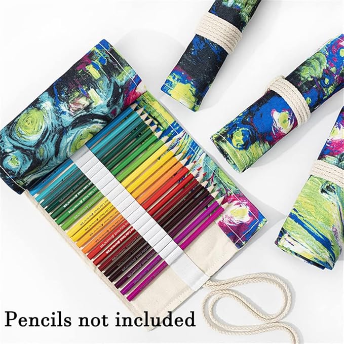 DIYOMR 24/36/72 Slots Pencil Wrap Roll Up Bag, Artist Colored Roll for Short Brushes, Organizer Pouch Case for Drawing Coloring and Sketching (Ink Painting, 36slots)