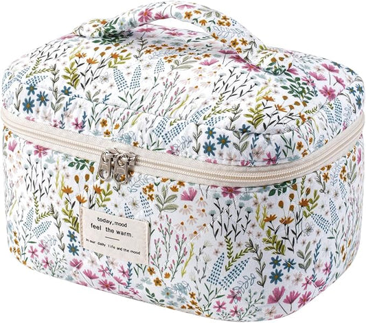 uekeboag Large Travel Quilted Makeup Bag for Women | Soft Floral Cotton Cosmetic Bag, Foldable Coquette Aesthetic Toiletry Organizer