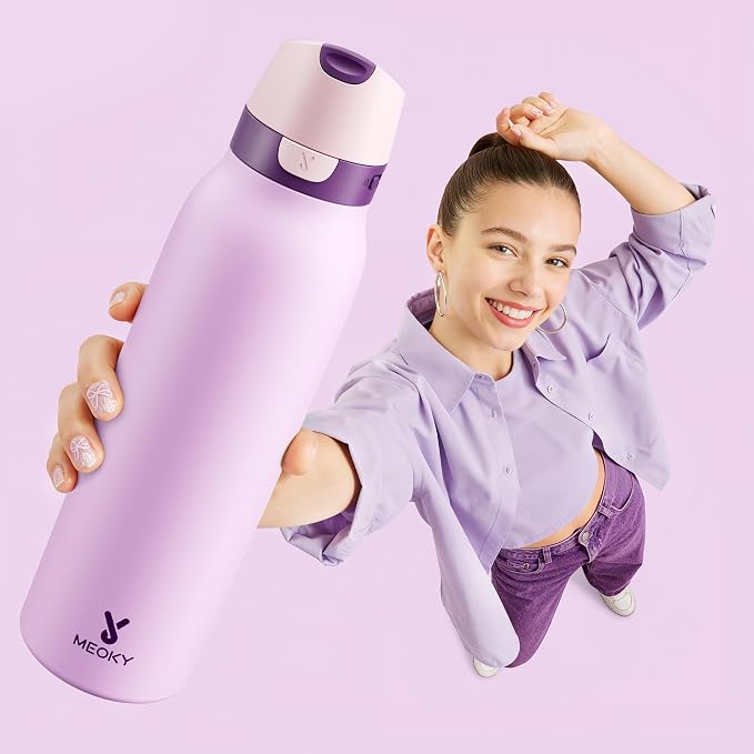 Meoky 24 oz Stainless Steel Slim Water Bottle: 2-in-1 Locking Lid, Lavender | Leak Proof, Straw and Spout, 24 Hours Cold, Top Handle, BPA Free, Insulated Water Bottle for Women Sports Travel Gym