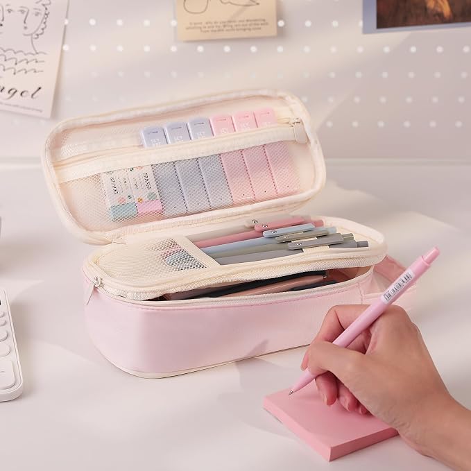 SKYDUE School Supplies Kit, 38 PCS Cute Stationery Set with Large Pencil Case, Pens, Mechanical Pencil Set, Highlighters & Refills, Aesthetic School Supplies for Girls, College, Back to School Pink