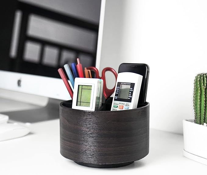 Round Leather Art Supply Organizer,Remote Control Holder,360 Degree Spinning,Multi-Functional Pencil Holder,4 Compartments Desktop Stationary Organizer(1-Dark Brown2)