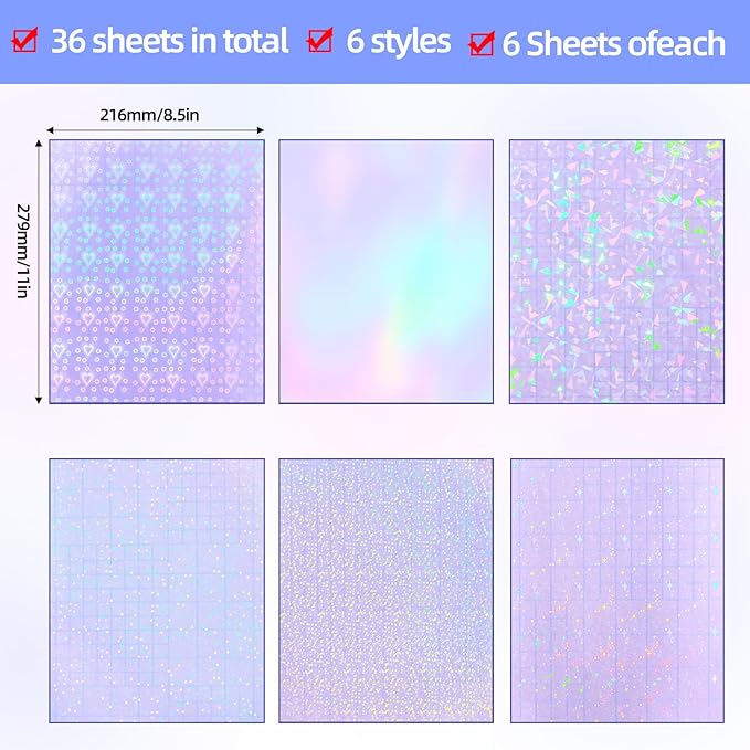 36 Sheets Holographic Laminating Sheets, 8.5x11 Inch Clear Holographic Sticker Paper with Self-Adhesive Waterproof Vinyl Overlay, 6 Patterns Transparent Laminate Film for DIY Stickers, Photos, Crafts