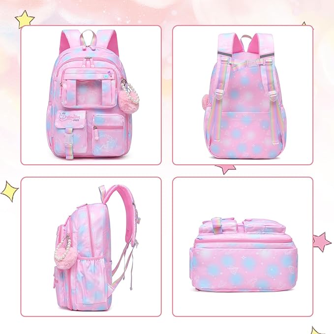 Alrisg Girls Backpack for Kids Elementary Middle School Cute Student Bookbag School Bag Pink Set