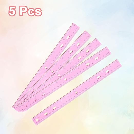 HARFINGTON 5pcs Plastic Rulers 12" (30cm) Clear Straight Ruler Measuring Tool Inches and Centimeters with Hole for Home Office Classrooms Drafting, Clear Pink