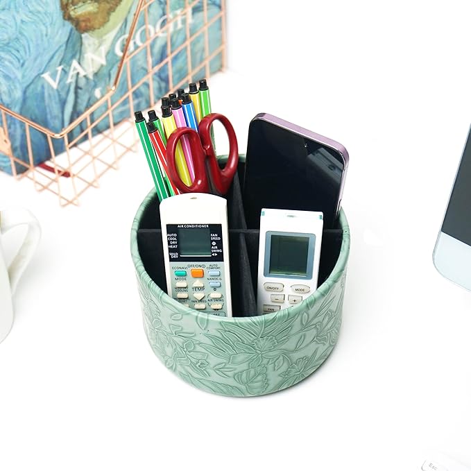 Round Leather Art Supply Organizer,Remote Control Holder,360 Degree Spinning,Multi-Functional Pencil Holder,4 Compartments Desktop Stationary Organizer(1-Carved Dark Green)