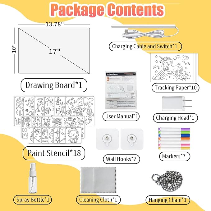 LED Drawing Board for Kids, Large Light Up Writing Tablet, 7 Color Glow Doodle Board with Paint Stencils and Tracking Paper, Birthday Holiday Toy Gift for Boys Girls Age 3+