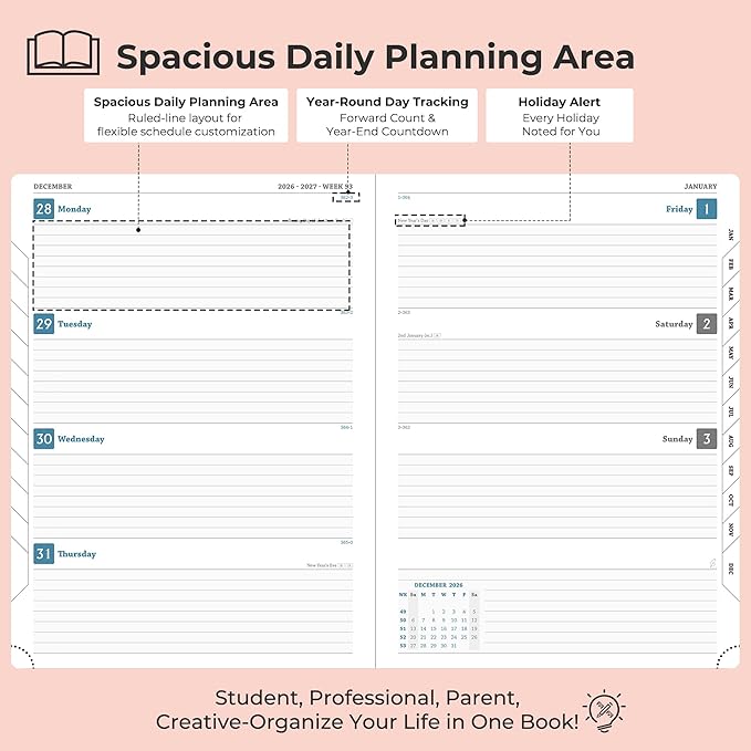 Planner 2026-2027 Daily Weekly and Monthly,11.5"x8.5",18 Months Spiral Bound Calendar Agenda with Self-adhesive Pen Holder,2026 Academic Plan with Vegan Leather Soft Cover,Pink