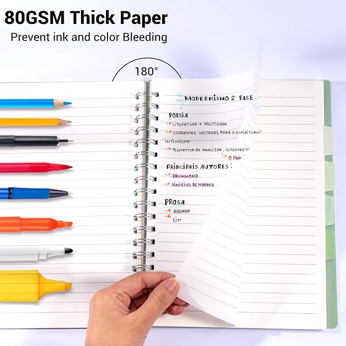 FLYING EAGLE Small Spiral Notebook 5 Subject Notebook Wide Ruled with Dividers Tabs Waterproof Plastic Cover Thick Paper Notebooks for Work School, 7x10 Green