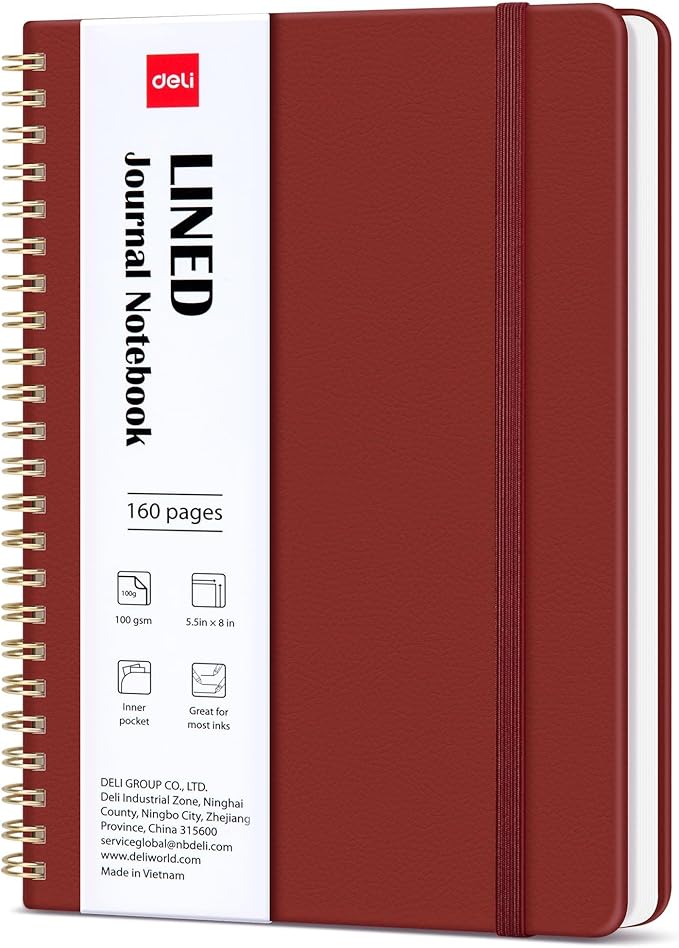 deli Crimson Lined Spiral Journal Notebook, 160 Pages, A5 (5.5"x8") Hardcover Writing Notebook, College Ruled Spiral Bound Journal for Women & Men - Perfect for Work, School, Office & Note Taking