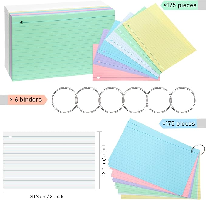 Epakh 300 Pieces Lined Index Cards 180 GSM Thick Flash Cards with Rings Notecards Punched Back to School for Studying Adults Home College Office(5 x 8 Inch,Light Color)
