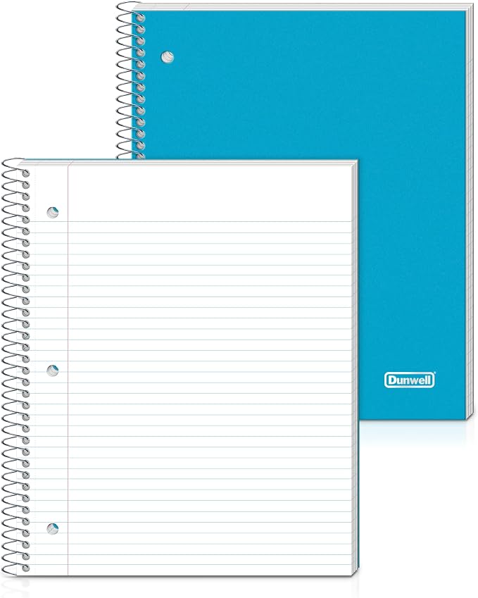 Dunwell 3-Subject Spiral Notebook, College Ruled, 150 Sheets, Blue
