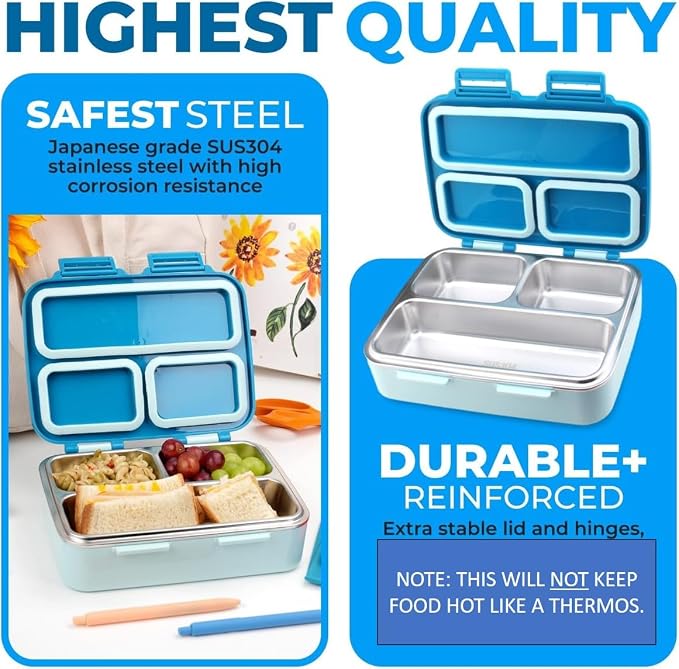 kinsho Stainless Steel Bento Box Lunch Container for Boys Kids, Blue | Heavy Duty, Removable Metal Tray with Silicone Seals, Reuseable Meal or Snack Container for School 790 mL