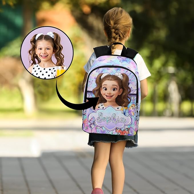 M YESCUSTOM Custom Backpack for Girls Personalized School Bookbag with Lunch Bag Kids Girl Backpacks with Face Elementary Preschool Cute Book Bag Daypack Travel Bag Water Bottle