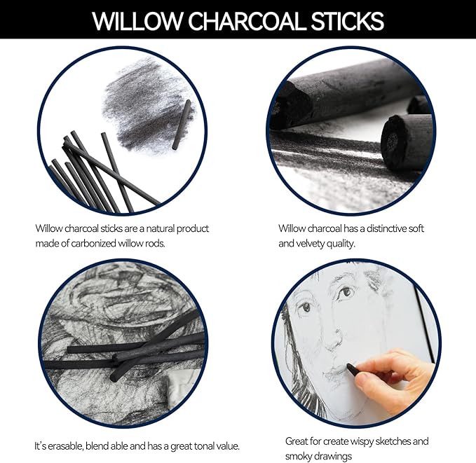 PANDAFLY Willow Charcoal Sticks, Soft, Black Artist Vine Charcoal for Artists, Beginners, Students, Great for Sketching, Drawing, Shading and Fine Art, 5-7mm, 25 Pack