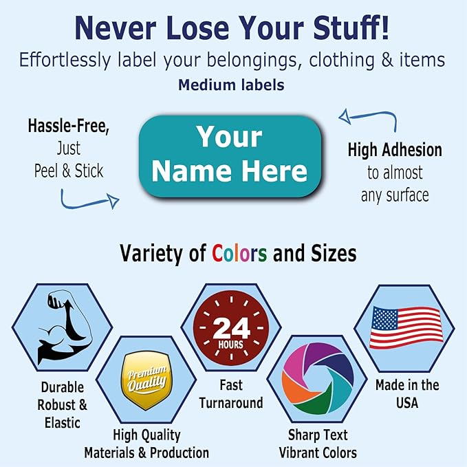 75 Personalized Waterproof Name Labels. Press and Stick Multi use Custom Name Labels. Customized 2 Lines of Text and Color. ID Identification Name Stickers with Permanent Self Adhesive.