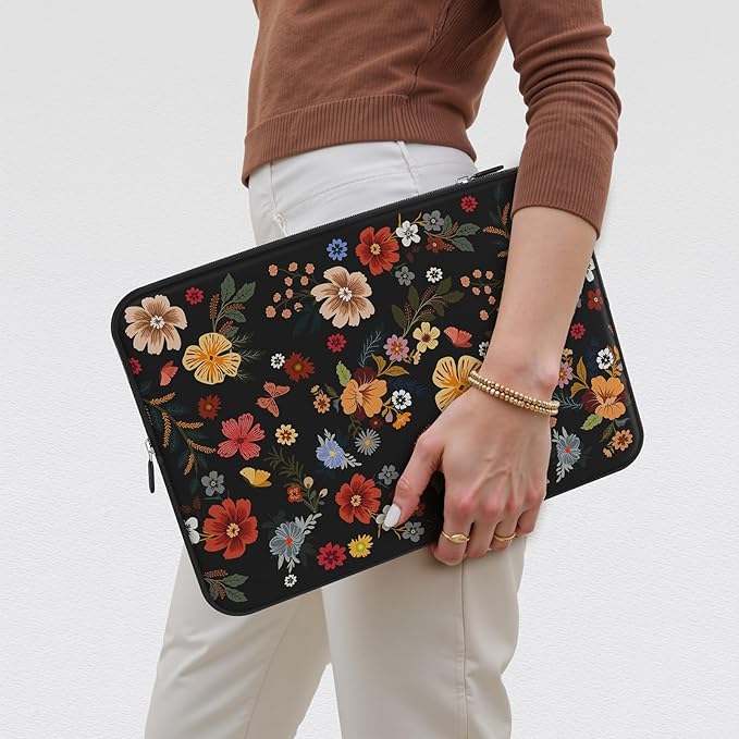 iCasso Laptop Sleeve 13 inch for MacBook Air 13-13.6 inch, Stylish Laptop case for MacBook Pro 13 inch, Slim Protective Travel Carrying Case for MacBook Pro 14 inch, Chromebook, HP, Dell, Black Floral