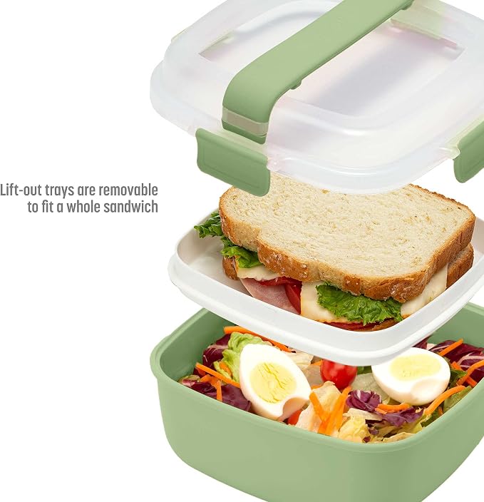Goodful Stackable Lunch Box Container, Bento Style Food Storage with Removeable Compartments for Sandwich, Snacks, Toppings & Dressing, Leak-Proof and Made without BPA, 56-Ounce, Sage (Pack of 12)