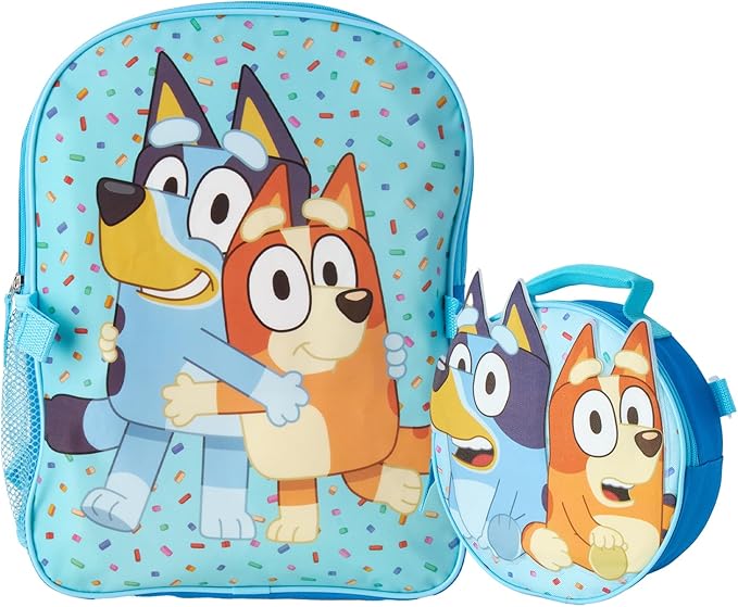 Fast Forward Bluey Kids Backpack and Lunch Box Set - 14" 3D Boys & Girls Backpack with Lunch Box for Preschool & Kindergarten, Bluey Light Blue