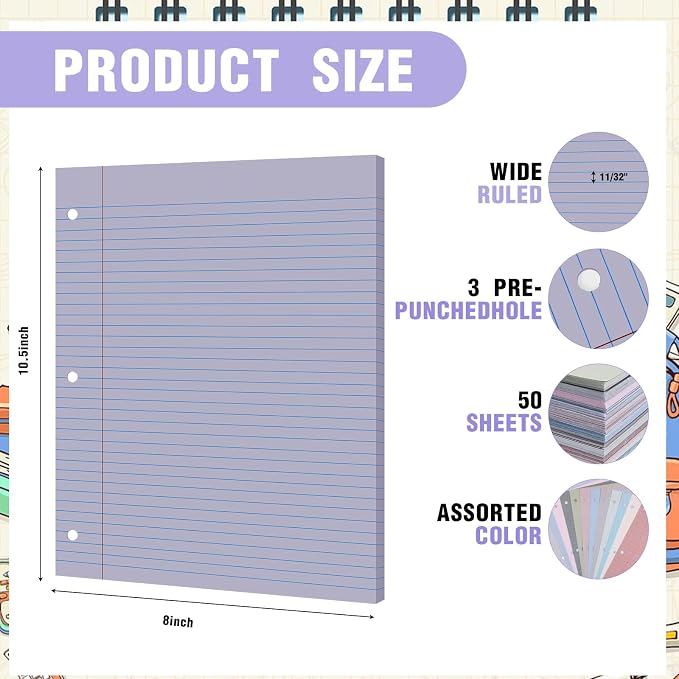 PerKoop 12 Pack 600 Sheets Loose Leaf Paper 8" x 10.5",Elegant Color