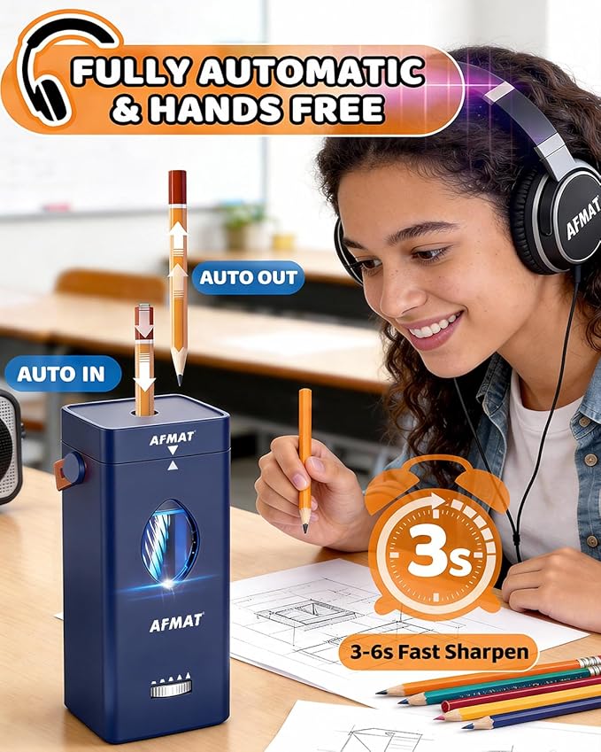 AFMAT Electric Pencil Sharpener, Rechargeable & Cordless, Fully Automatic Pencil Sharpener for Classroom, Auto in & Out, 5 Sharpness Modes, Heavy Duty Sharpeners for 6-12mm No.2/Jumbo Pencils PSC7