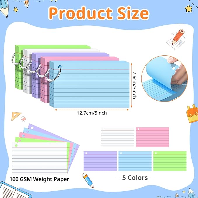 Index Cards 3x5 Inches, 250 PCS, Colorful Flash Cards With Ring, Punched Lined Study Card Ruled Flashcards Notecards, Ruled Front And Blank Back, Note Card for School, College And Home