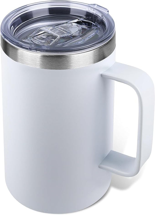 22oz Insulated Coffee Mug with Handle & Leak-Proof Lid - Double Wall Stainless Steel Travel Tumbler for Commute/Office/Home, White, 1 Pack