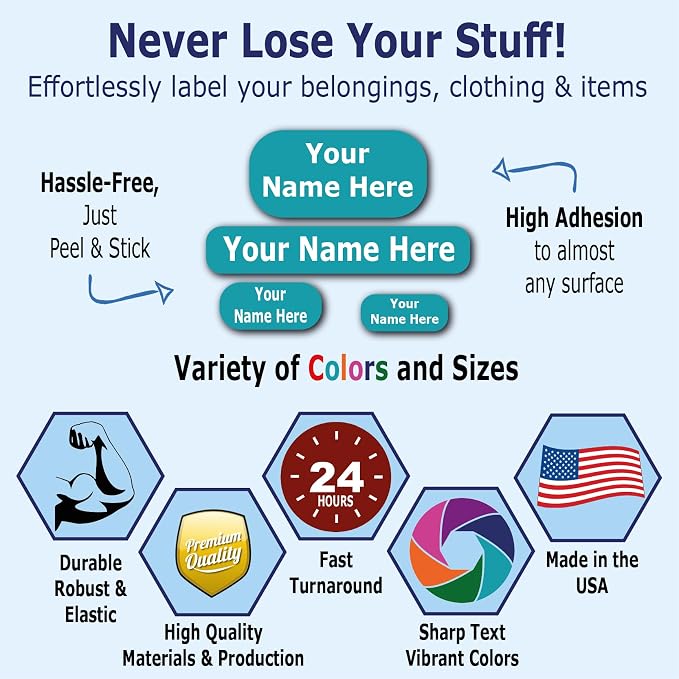 126 Personalized Waterproof Name Labels. Press and Stick Multi use Custom Name Labels. Highly Durable Customized Name Stickers with Permanent Self Adhesive. Great for School, Daycare or Camp.