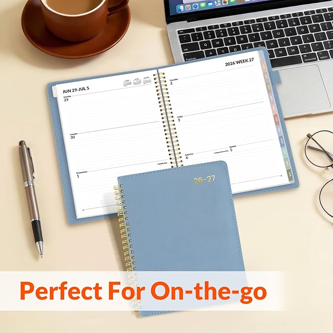 SUNEE 2026-2027 Weekly & Monthly Planner 6.4"x8.5" - 12 Month (July 2026 - June 2027), Vegan Leather Cover Planner Academic Year Calendar, Pocket, Notes, Monthly Tab, Blue