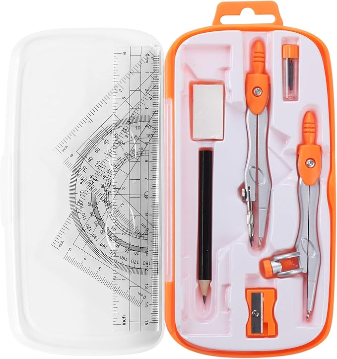 Unjoo Math Geometry Kit Sets 10 Piece Student Supplies with Shatterproof Storage Box,Includes Rulers,Protractor,Compass,Eraser,Pencil Sharpener,Lead Refills,Pencil,for Drafting and Drawings（Orange）