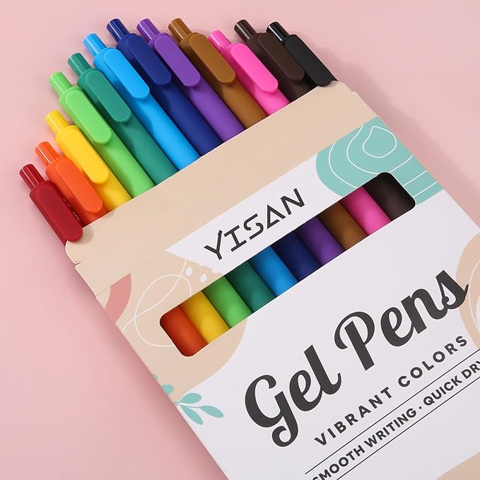 YISAN Colored Gel Pens,Journal Pens 0.7 mm Colorful Ink Pens,Fine Point Fast Dry 12 Assorted Colors,No Bleed,Smooth Writing for Journaling and Note Taking,Retractable,71044