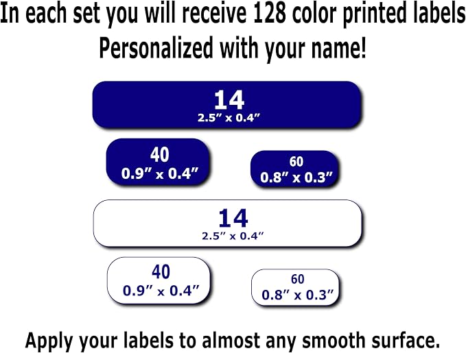 128 Personalized Waterproof Name Labels. Press and Stick Multi use Custom Name Labels. Highly Durable Customized Name Stickers with Permanent Self Adhesive. Great for School, Daycare or Camp