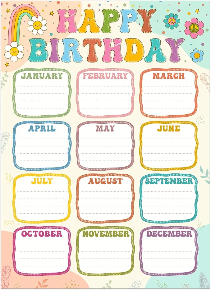 FaCraft Boho Birthday Chart Poster for Classroom - 16.5"x12" Reusable Laminated Happy Birthday Calendar with Glue Dots Bulletin Board Decorations Back to School Teacher Supplies Class Wall Decor