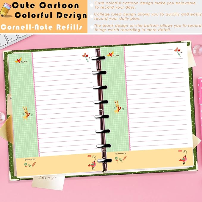 Rancco Junior Cornell Notebook Paper, 180 Pages 8 Rings Punched Half Letter Disc Paper Inserts w/Index Tabs, Index Dividers, Loose-Leaf Bag, Ruler For Circa, Arc, TUL, Happy Planner, 5.5x8.5"