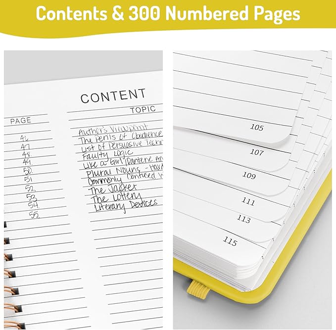 Forvencer A4 Lined Spiral Journal Notebook with 300 Numbered Pages, 11" X 8.5" Thick Journals for Writing with 100GSM Paper, Hardcover Notebooks with Contents for Work, School, Yellow