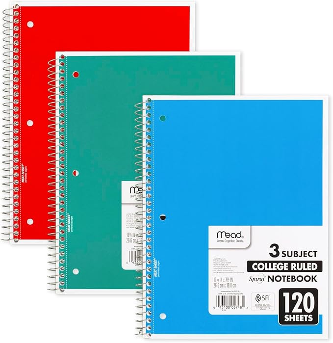 Mead Spiral Notebook, 3 Subject, College Ruled Paper, 120 Sheets, 10-1/2" x 8", Color Selected For You, 1 Count (05748)